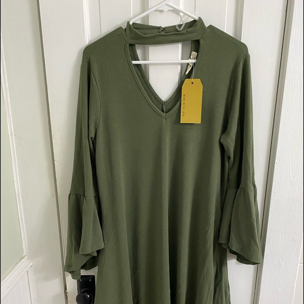 Olive Green Flare Sleeve Dress